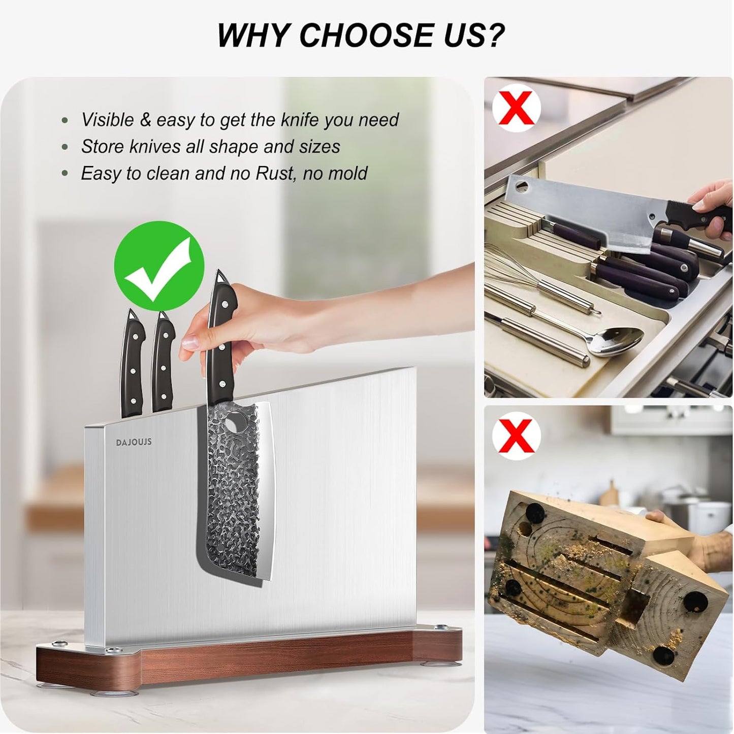 Magnetic Knife Holder, Stainless Steel Magnetic Knife Block without Knives, Strong Double Sided Magnet Knife Storage Strip with Wood Base for Kitchen Counter-Silver
