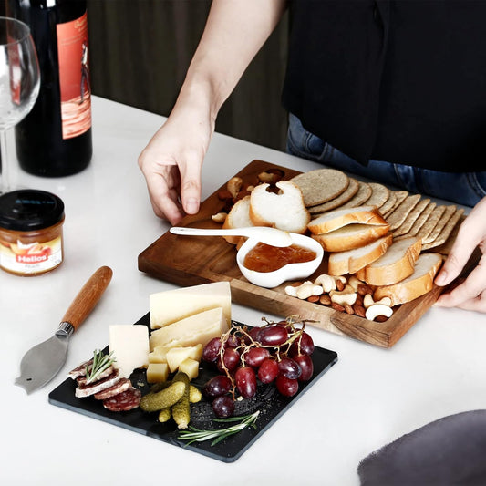 hecef Oval Wooden Cheese Board Set, Acacia Wood Cheese Serving Board with White Marble & Cheese Knife, Cheese Serving Tray for Cheese, Cake, Appetizers