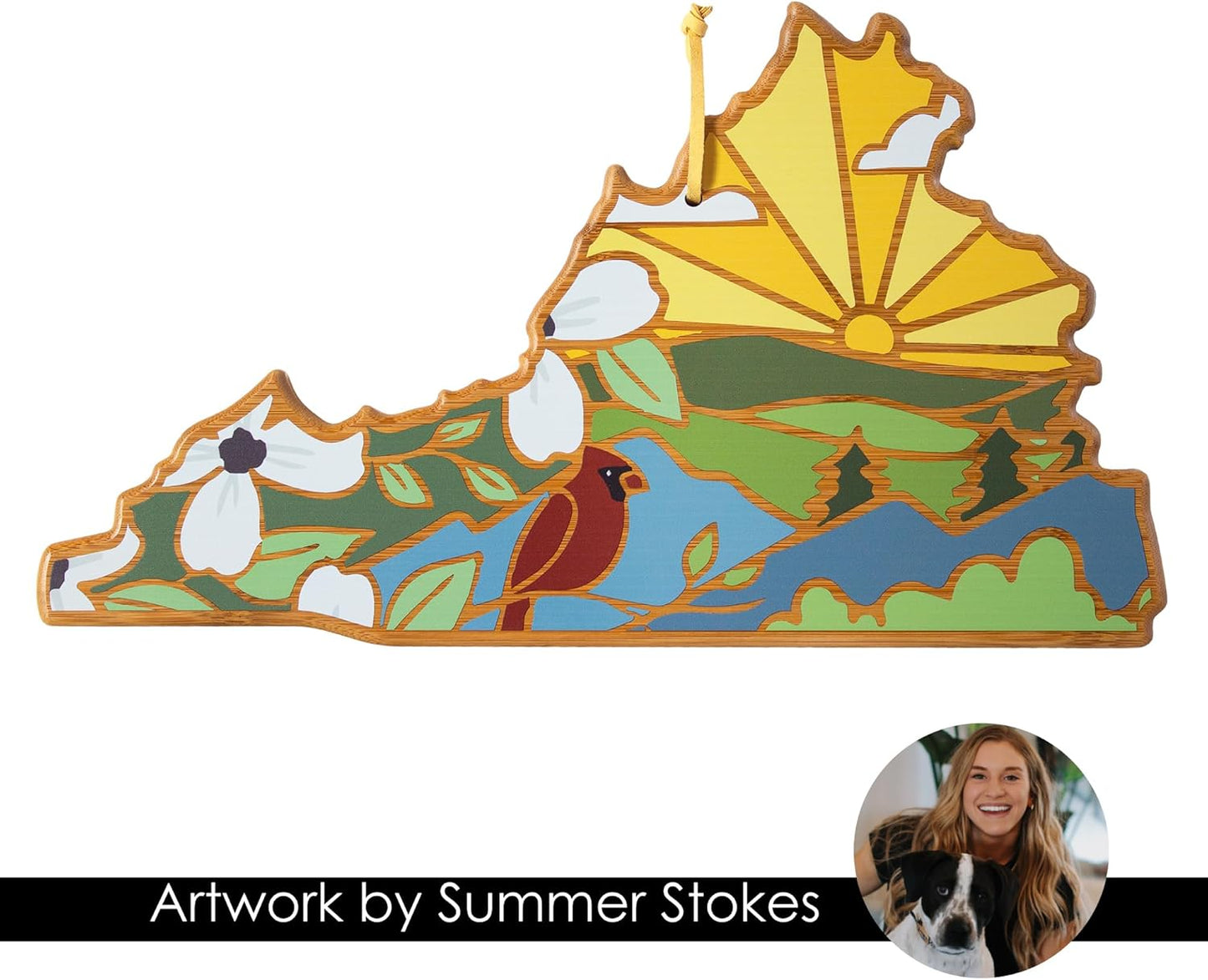 Totally Bamboo North Carolina State Shaped Cutting Board and Charcuterie Serving Platter with Artwork by Summer Stokes, Includes Hang Tie for Wall Display 18" x 8" x 5/8" - Colors A