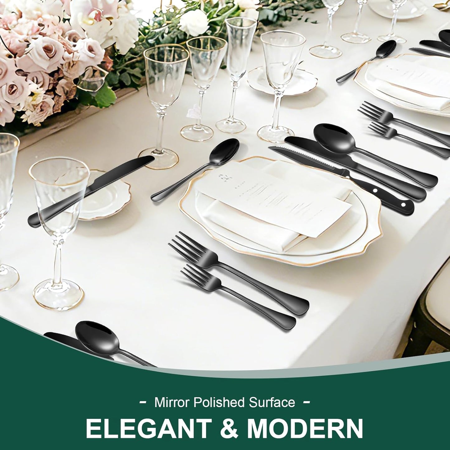 24-Piece Black Silverware Set with Steak Knives Black Stainless Steel Flatware Set for 4 Food Grade Tableware Cutlery Set Rust-proof, Mirror Polished, Dishwasher Safe
