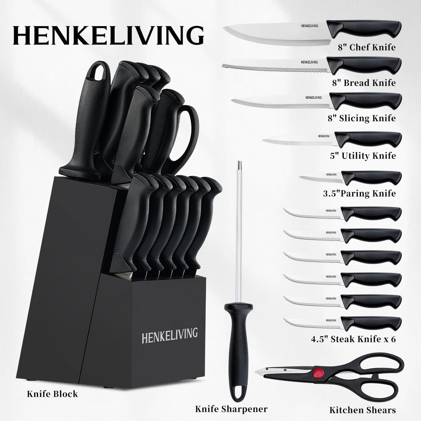 Knife Set, 14-Piece Black Dishwasher Safe Kitchen Knife Block Set with Built-In Sharpener, German High Carbon Stainless Steel Blades, Ultra Sharp Knives with Ergonomic Non-Slip Handles