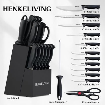 Knife Set, 14-Piece Black Dishwasher Safe Kitchen Knife Block Set with Built-In Sharpener, German High Carbon Stainless Steel Blades, Ultra Sharp Knives with Ergonomic Non-Slip Handles