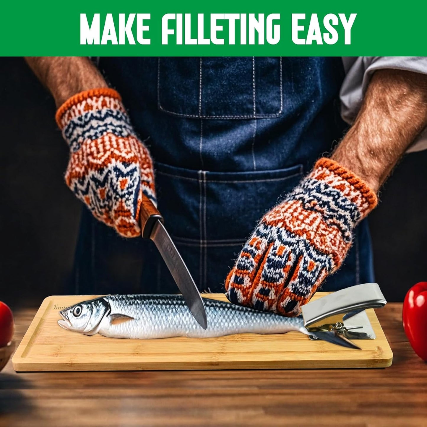 18" Bamboo Fish Cleaning Board Kit Anti-slip Fish Cutting Board Set Fish Filet Board with Scale Fish Measure Board Include Fish Fillet Knife, Clamp, Sharpener,Gloves, Fisherman Gifts