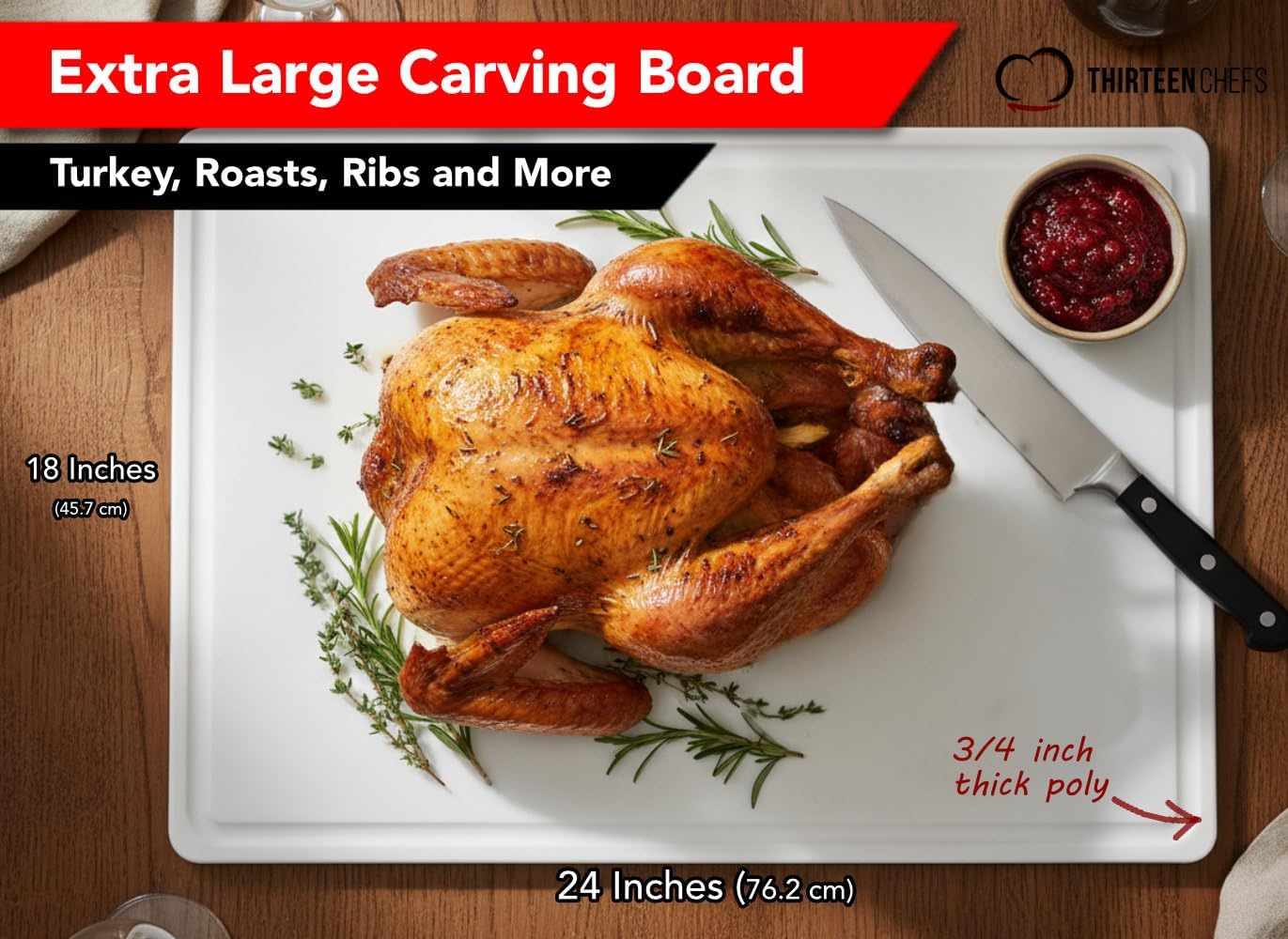 Commercial Grade Plastic Cutting Board with Juice Groove - 18 x 12 Inch for Carving Meat, Grilling, BBQ - 1/2" Thick White HDPE Poly for Food Service