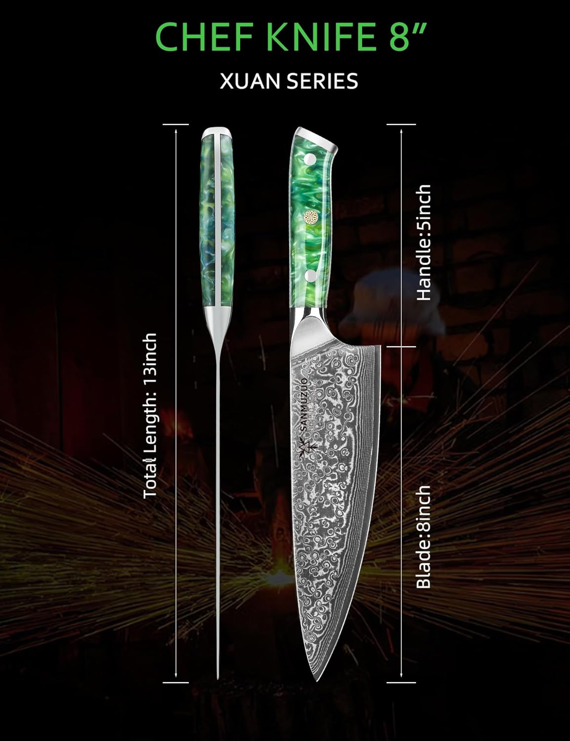 Chef Knife - 8 inch - Xuan Series - VG10 Damascus Steel Kitchen Knife - Resin Handle (Sapphire Blue)