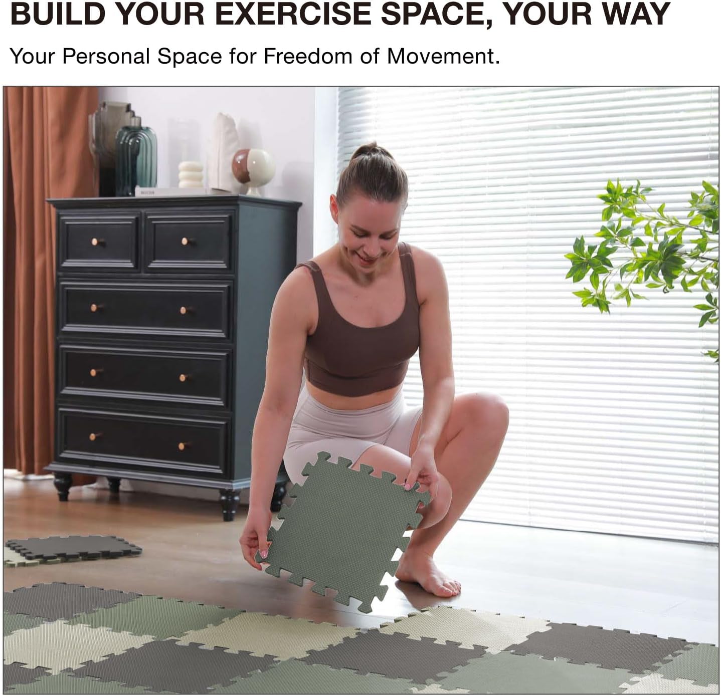 AIRHOP 18 Tiles Gym Floor Mat, EVA Foam Puzzle Gym Mat, High-Density Interlocking Foam Floor Tiles for Home Gym, Play Workout Garage Kitchen Flooring