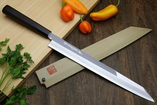 Yoshihiro Ginsan Mirror Polished Stain Resistant Steel Yanagi Kiritsuke Sushi Sashimi Japanese Knife (10.5"(270mm), Ebony Handle)
