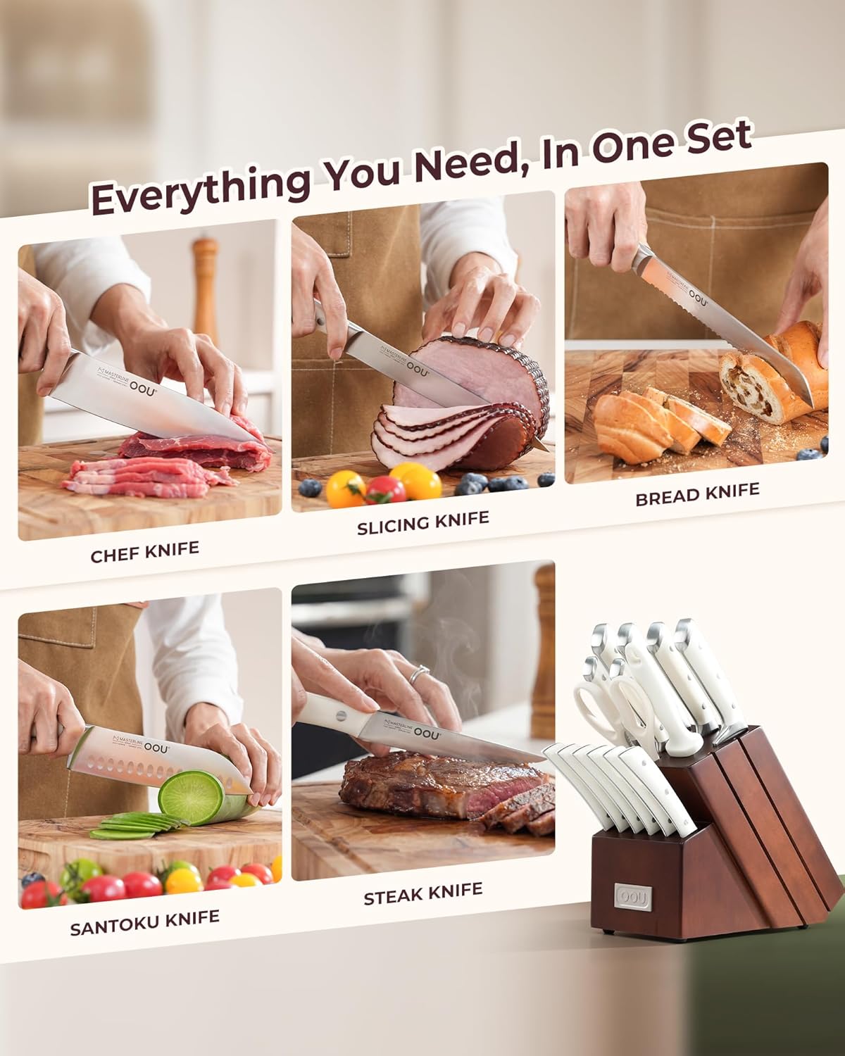 OOU 2025 Kitchen Knife Set with Block, 15-Piece German Stainless Steel Knife Blcok Set with Sharpening Rod, Ergonomic Wood Handle,Premium Razor-Sharp Knives Set for Kitchen