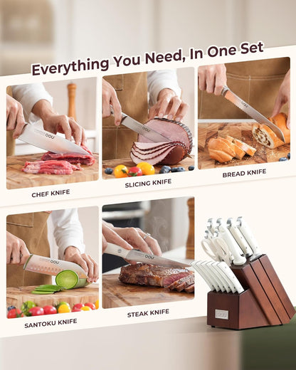 OOU 2025 Kitchen Knife Set with Block, 15-Piece German Stainless Steel Knife Blcok Set with Sharpening Rod, Ergonomic Wood Handle,Premium Razor-Sharp Knives Set for Kitchen