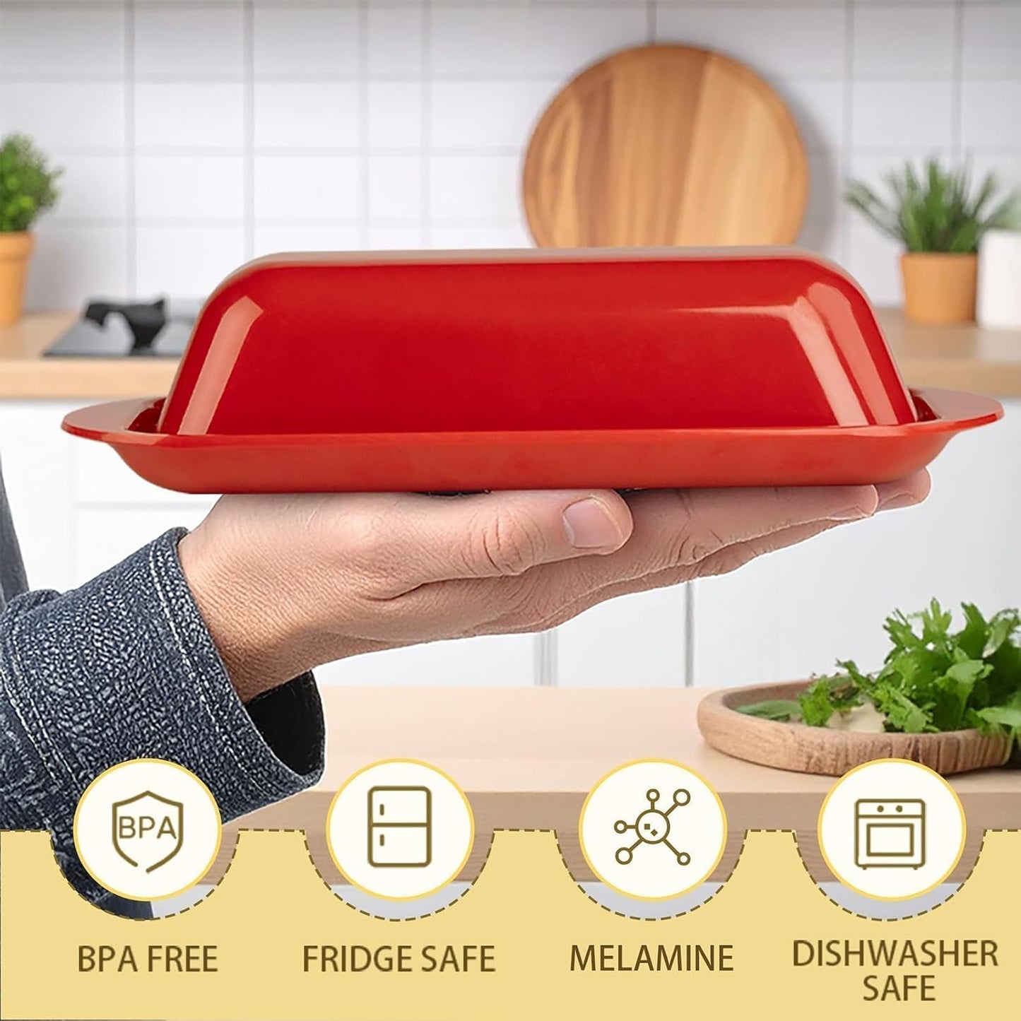 BPA-Free Melamine Butter Dish with Lid & Stainless Steel Knife - Farmhouse Butter Keeper for Countertop & Refrigerator, Dishwasher Safe, Holds 1 Stick with East & West Coast Butter-Cream