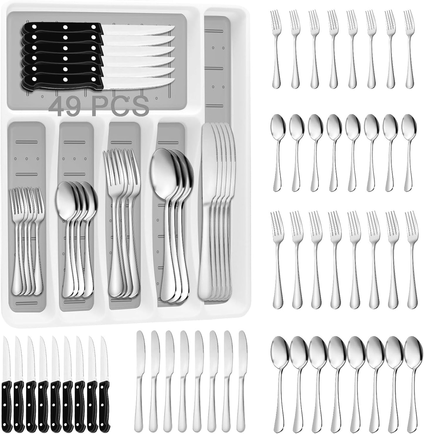 JUNLIN 49 Pieces Black Silverware Set with Steak Knives, Stainless Steel Silverware with Organizer Flatware Utensils Set for 8, Forks and Spoons Silverware Set Cutlery Set