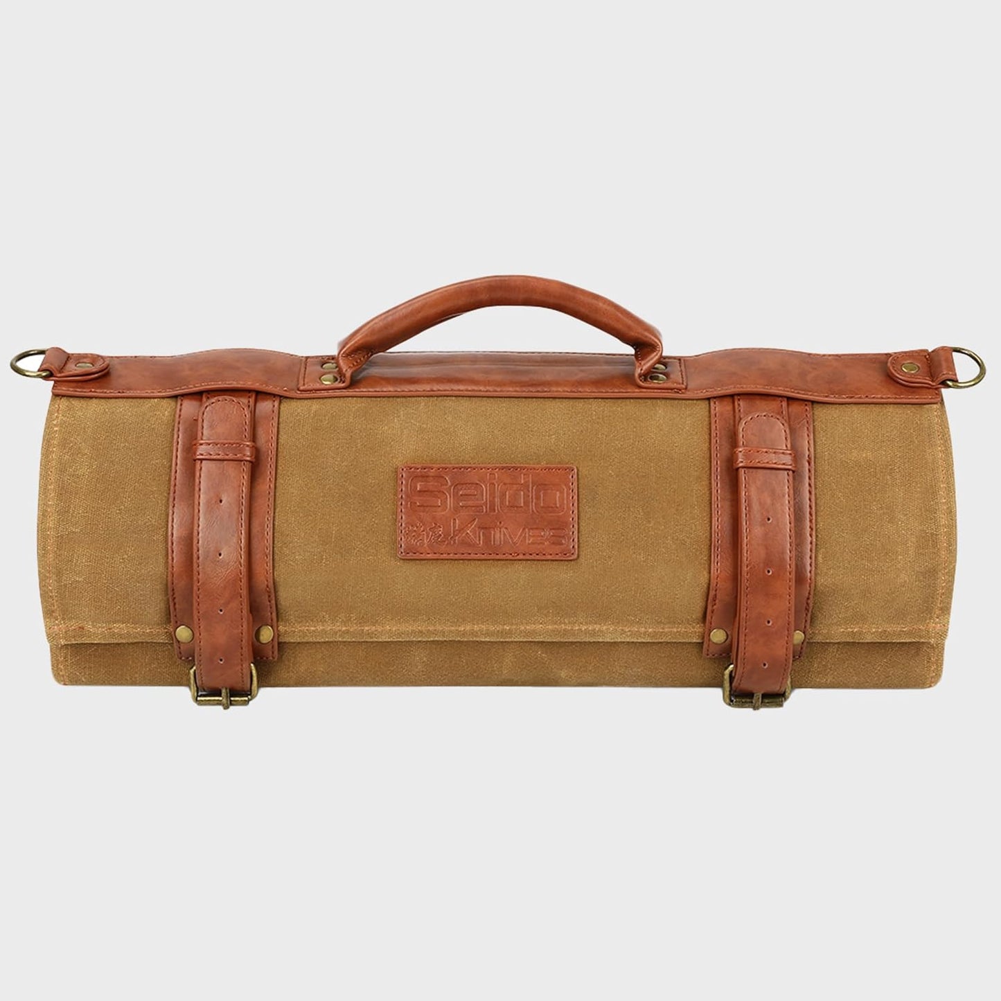 Seido Knives Classic Knife Roll Bag - Heavy Duty Canvas & Leather - Holds 18 Culinary Tools, Including 12 Large Knives, 4 Utensil Slots, and 2 Meat Cleaver Compartments