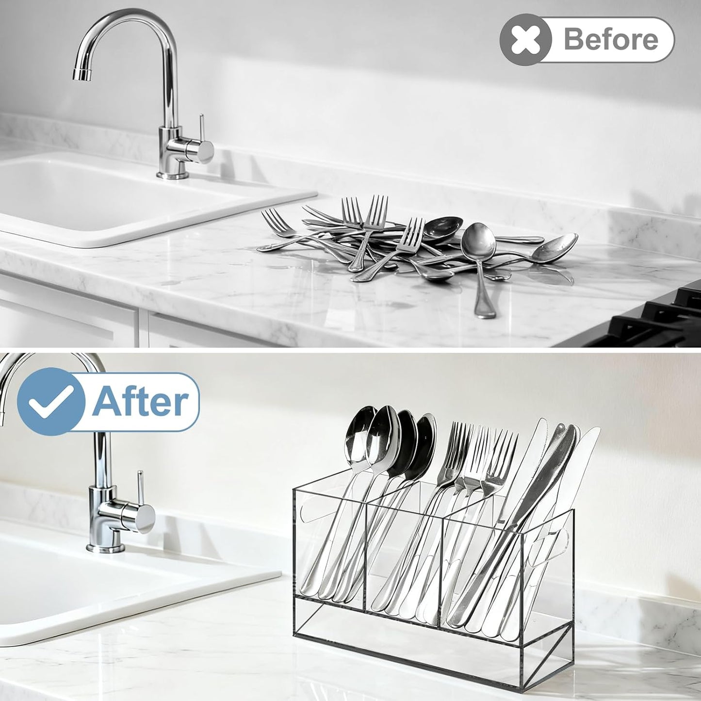 Utensil Holder, Upgrade Stainless Steel Utensil Drying Rack with Automatic Drain Tray for Kitchen Counter, Silverware Cutlery Organizer for Spoons, Forks, Knifes, Chopsticks (Black)