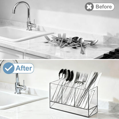 Utensil Holder, Upgrade Stainless Steel Utensil Drying Rack with Automatic Drain Tray for Kitchen Counter, Silverware Cutlery Organizer for Spoons, Forks, Knifes, Chopsticks (Black)