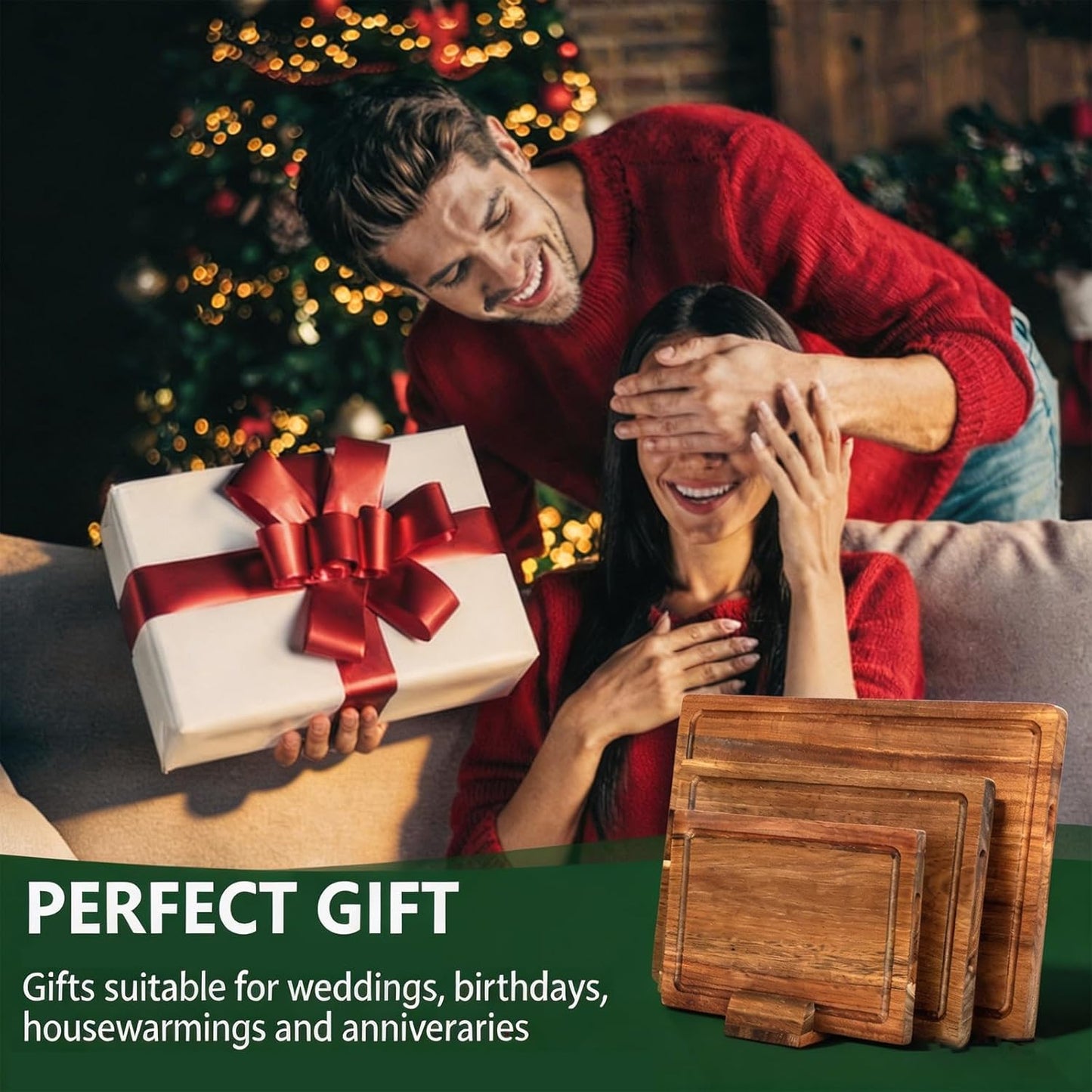 3 PCS Acacia Wood Cutting Board Set with Stand, Thick Chopping Boards for Kitchen, Deep Juice Grooves, Easy Grip Handle, Non-slip Heavy Duty Charcuterie Board for Meat, Cheese, Vegetables and Fruits