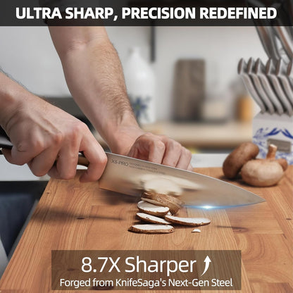 KnifeSaga Kitchen Knife Set - Phantom Iris X5 Knife Block Set - Top-tier Performance, 15 Pcs Premium High Carbon Stainless Steel Knife Set with Block and Sharpener, Professional Chef Knives Set
