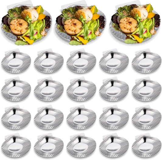 Baderke 50 Pcs Grillable Shells Stainless Steel Reusable All Purpose Grillable Large Scallop Shells Grilling Pan Baking Dish for Make Oysters Baked Clams Clam Scallop Seafood, 3.2 Inch