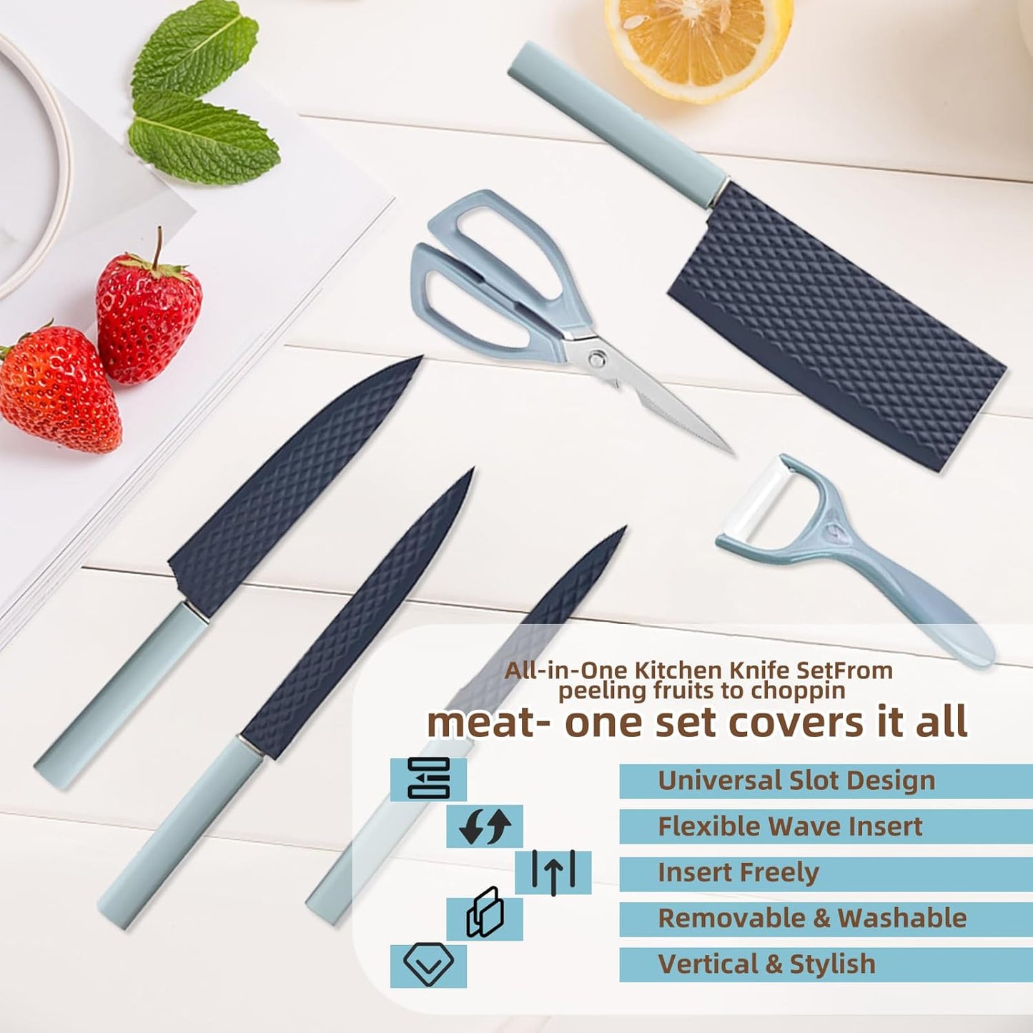 Kitchen Knife Set with Block, 7-Piece Kitchen Knife Set for Chef with Universal Knife Block, Anti-Rust Kitchen Knife Block Set, Ergonomic Design