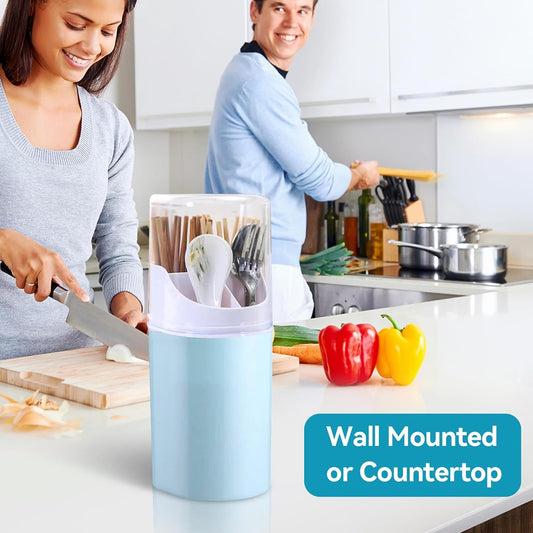 HERCHR Kitchen Utensil Holder with Cover, 4 Compartment Wall-Mounted Countertop Plastic Silverware Holder Utensil Drying Rack for Cutlery, Chopstick, Spoons, Forks, Knives(Blue)