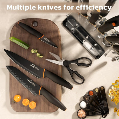 Amorston Knife Set, 22-Piece Kitchen Knife Set with Acrylic Block, Dishwasher Safe with Sharpener, High Carbon Stainless Steel, Anti-slip Ergonomic Handle, Black,Valentine's Gift