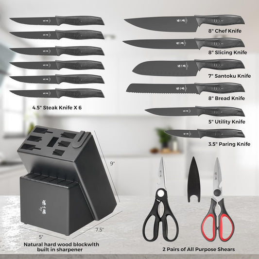 ZHANG XIAO QUAN Knife Set with White Block, High Carbon Stainless Steel Sharp Blades, Built-in Sharpener Kitchen Knife Block Set for Home Cooking