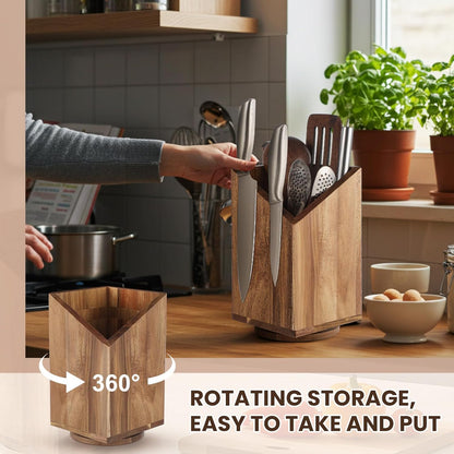 Magnetic Knife Block Without Knife Wood Utensil Holder 360° Rotatable Magnetic Knives Holder Organizer 9.65 x 5.5 Inches Universal Magnet Organizer Large Acacia Wood Kitchen Farmhouse Countertop Cook