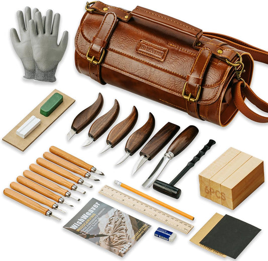 Wood Carving Kit, 33Pcs Wood Carving Tools Set with Thick Leather Storage Bag, Deluxe Wood Carving Set, 6 Wood Carving Knives 8 Chisels 6 Blocks Whittling Kit for Beginners Enthusiasts Kids Gift DIY