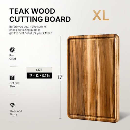 Teak Wood Cutting Board 17inch Wooden Chopping Board Non Slip Bamboo High-end Present Charcuterie Board Non Toxic Haus Over-Sink Christmas Xmas Birthday