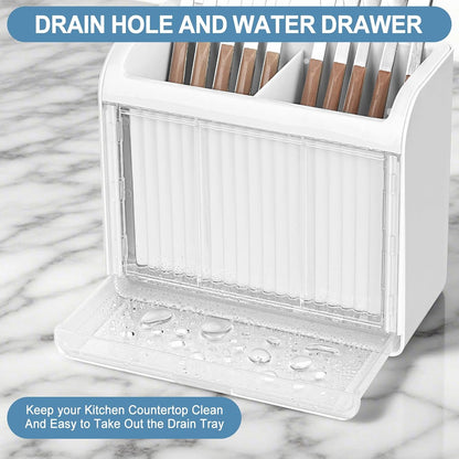 Utensil Holder, Kitchen Utensil Drying Holder with Drain Tray, Wall Mount Drainer Basket Silverware Cutlery Flatware Rack Forks, Knives, Spoons, Chopsticks Organizer - White