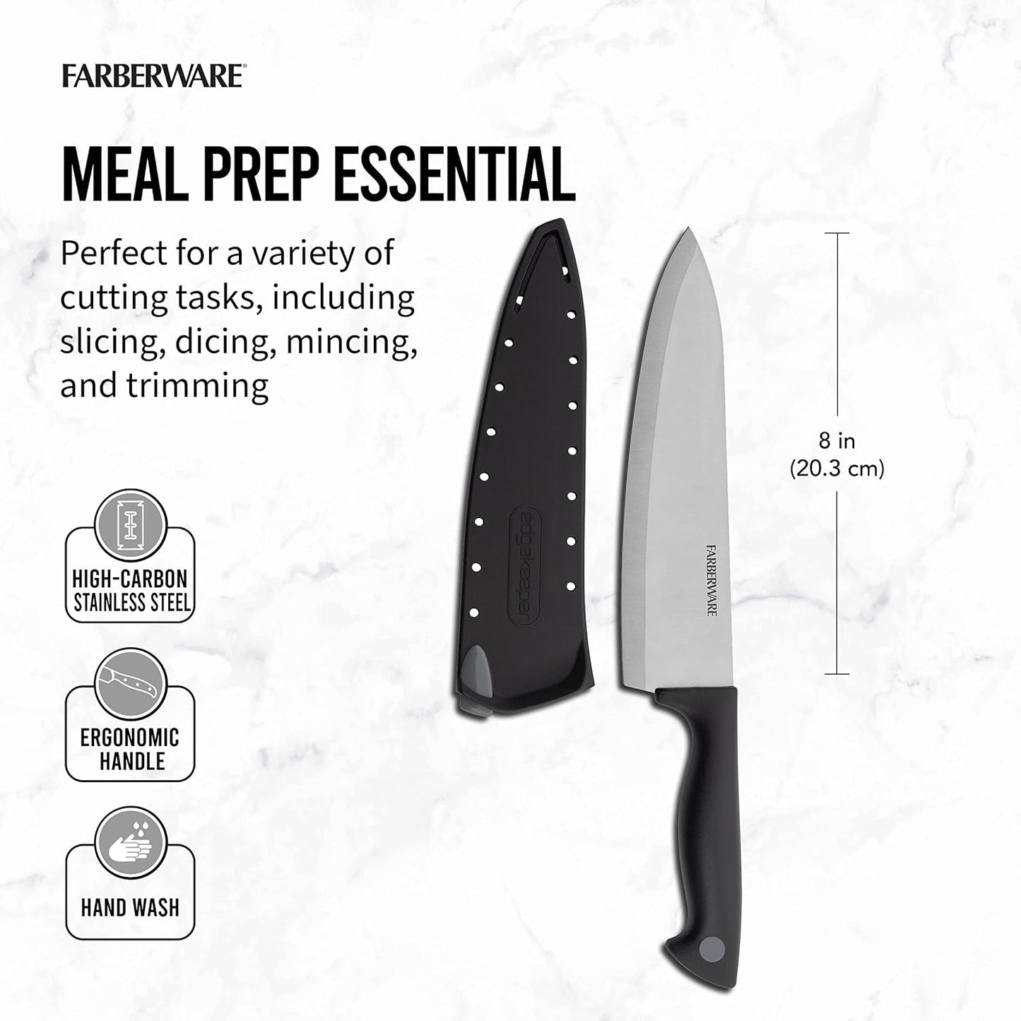 Farberware EdgeKeeper 6 Inch Chef Knife with Self-Sharpening Blade Cover, High-Carbon Stainless Steel Kitchen Knife for Slicing, Dicing, and Mincing
