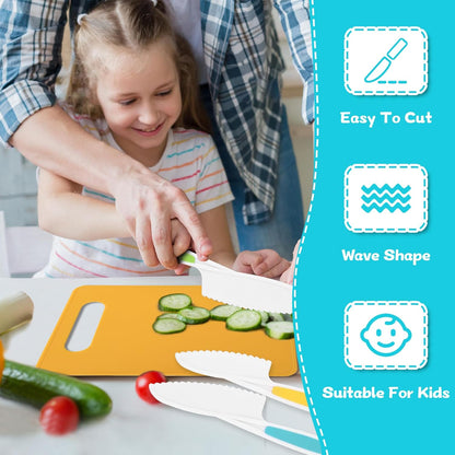 9PCS Montessori Kitchen Tools Cookware Baking Toy, Kids Knife Set for Real Cooking with Cutting Boards, Crinkle Cutte, Y Peeler, Serrated Edges Plastic Toddler Knife Kid Safe Knives