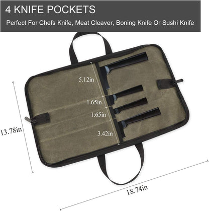 Ruibo Chef's Knife Roll Bag, Waxed Canvas Knife Carrying Case With Durable Handles, Portable Knife Roll Case For Working,4 Slots