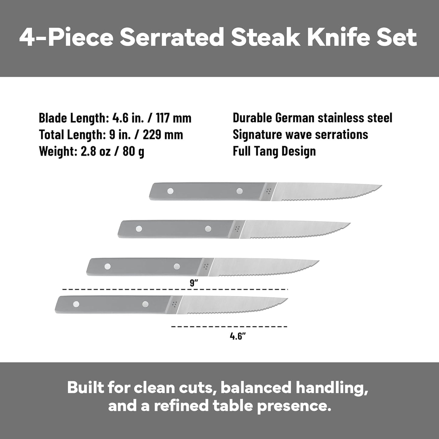 Misen Steak Knives Set of 4 - Precision Serrated Blades for Effortless Dining - Stainless Steel - Superior Cuts with Four Steak Knives Handles - Black