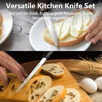 Steak Knife Set of 6, Serrated Steak Knives, Premium Stainless Steel Multi Functional Knife, Dishwasher Safe, Black