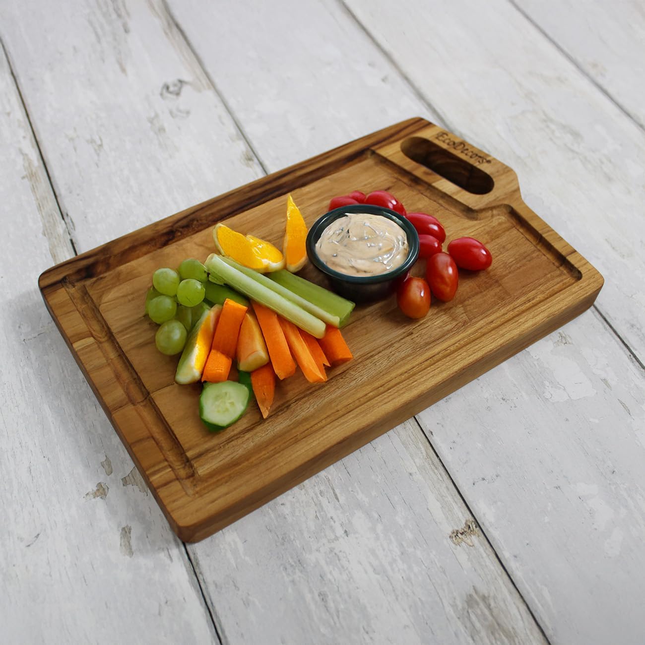 EcoDecors 18"x14" Extra Large Teak Cutting Board, Edge Grain Wood with Juice Groove & Handle, FSC Certified for Kitchen, Carving & Butcher Block Prep