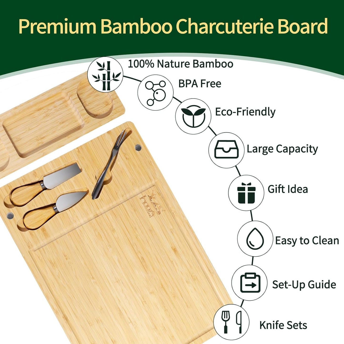 Premium Bamboo Charcuterie Board Set with Hidden Drawer & 4 Cheese Knives - 13x13 Large Cheese Board Serving Tray - Unique Housewarming Gifts for New Home, Wedding & Bridal Shower Gifts for Couples