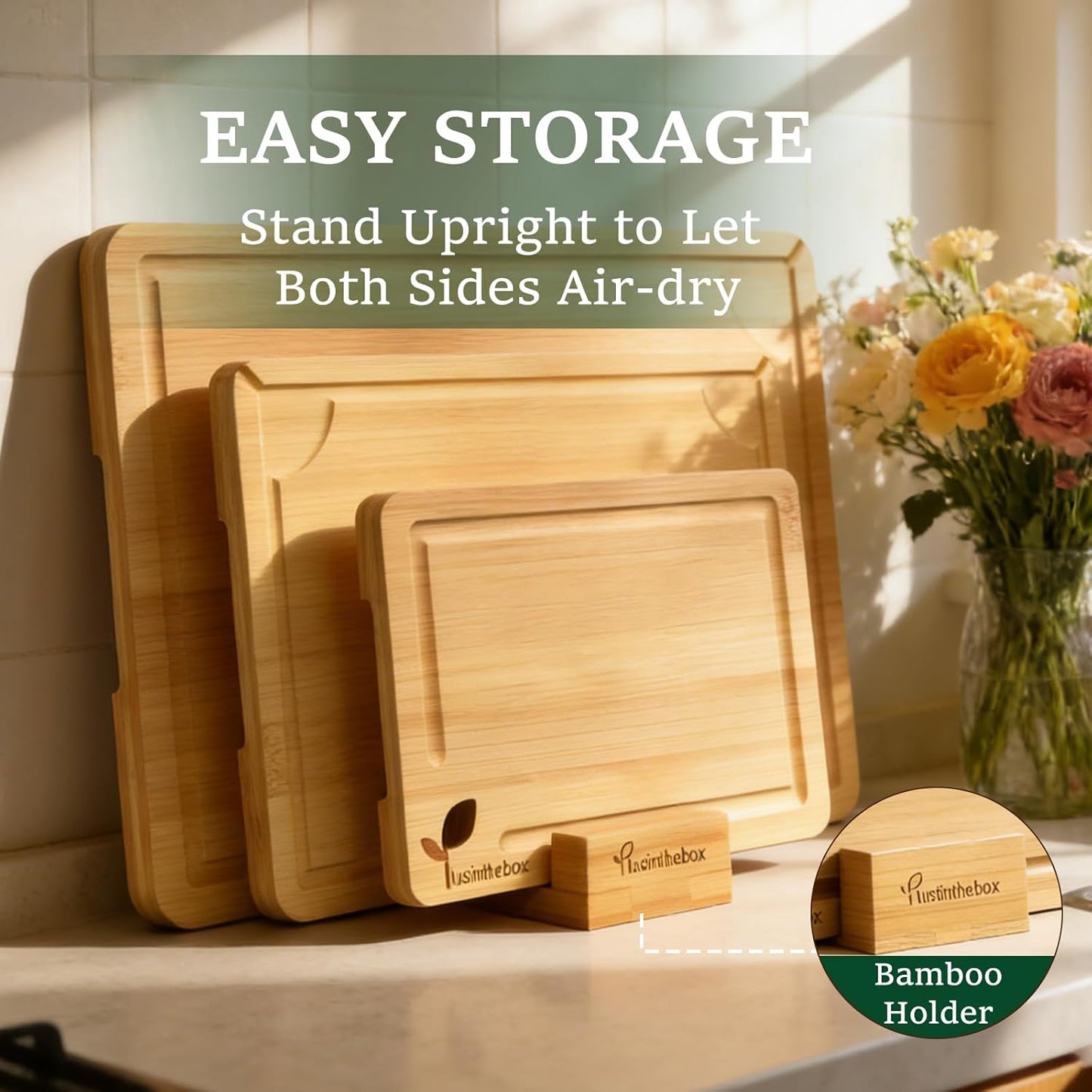 Cutting Boards for Kitchen, Bamboo Cutting Board Set of 3 with Storage Stand, Deep Carbonized Chopping Boards with Deep Juice Grooves and Side Handles for Meat, Vegetables, Fruit and Meal Prep