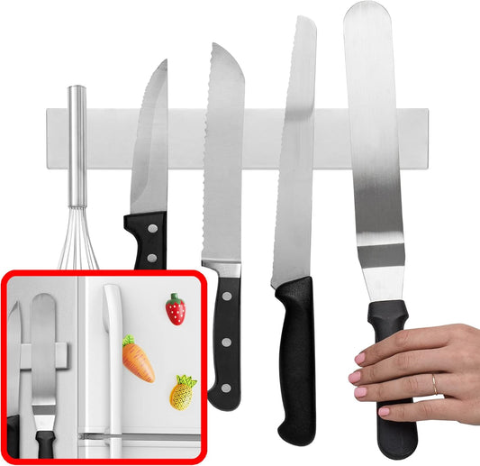 Modern Innovations 12 Inch Magnetic Knife Holder for Refrigerator, Magnetic Knife Holders for Fridge or Kitchen Wall No Drilling, Magnet Strips for Knives & Metal Utensils, Tool Rack, Stainless Steel
