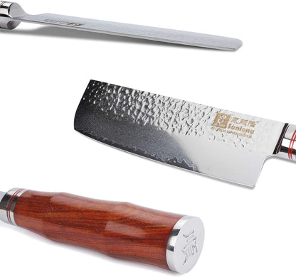 SUNLONG Nakiri Knife Usuba Knife 6.5 Inch Japanese Hammered Damascus Steel 67 Layer Bloodwood Handle