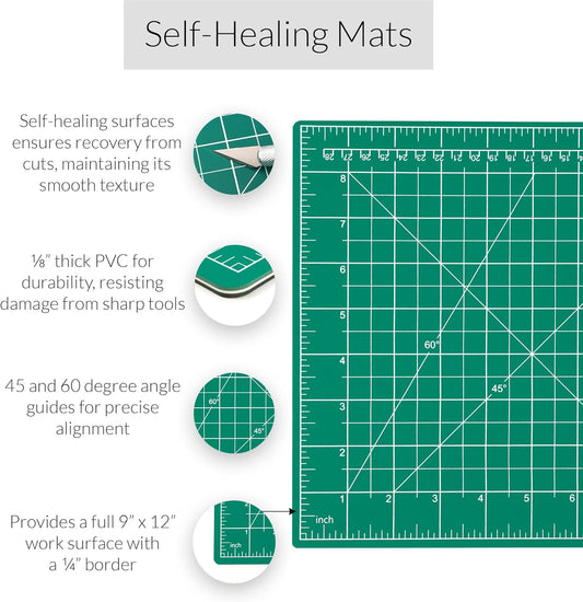 WA Portman 9x12 Inch Self Healing Cutting Mats for Crafts – Fabric Cutting Mat with Precision Craft Knife, 10#11 Hobby Knife Blades & Metal Ruler 12 Inch Cork Backed Ruler – All-in-One Craft Kit