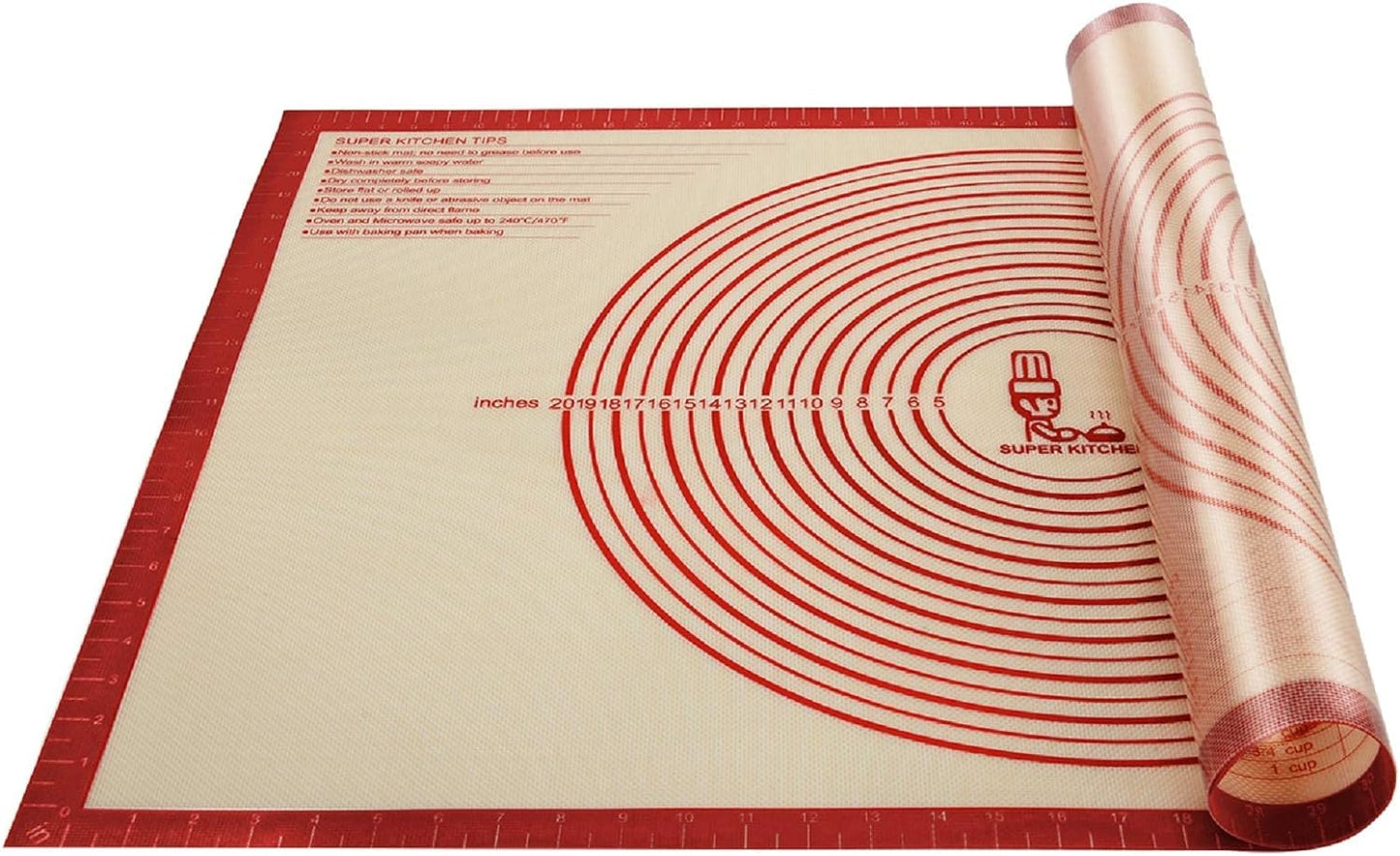 Non-slip Silicone Pastry Mat Extra Large with Measurements 28''By 20'' for Silicone Baking Mat, Counter, Dough Rolling, Oven Liner,Fondant/Pie Crust By Folksy Super Kitchen Red