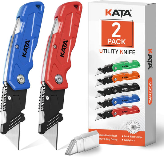 KATA Folding Utility Knife 4-Pack, Heavy Duty Box Cutter with Pocket Clip, Fixed Blade Safety Knife, Quick-Change Razor, Includes 20 Extra SK5 Blades Cutting for Cardboard, Carpet, Rope & DIY