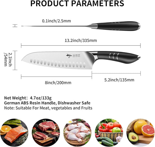 MAD SHARK 8 Inch Santoku Knife - Ultra Sharp Japanese Kitchen Knife with High Carbon German Steel, Ergonomic Handle, Ideal for Slicing, Dicing, Cutting - Unique Gift for Chefs, Men & Women (Black)