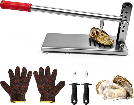 Oyster Shucker Tool, Stainless Steel Shell Opener Machine wtih 5 Adjustable Heights & 8 Suction Cups for Oysters, Clams, Scallops | Includes 2 Shucking Knives & 1 Pair of Gloves