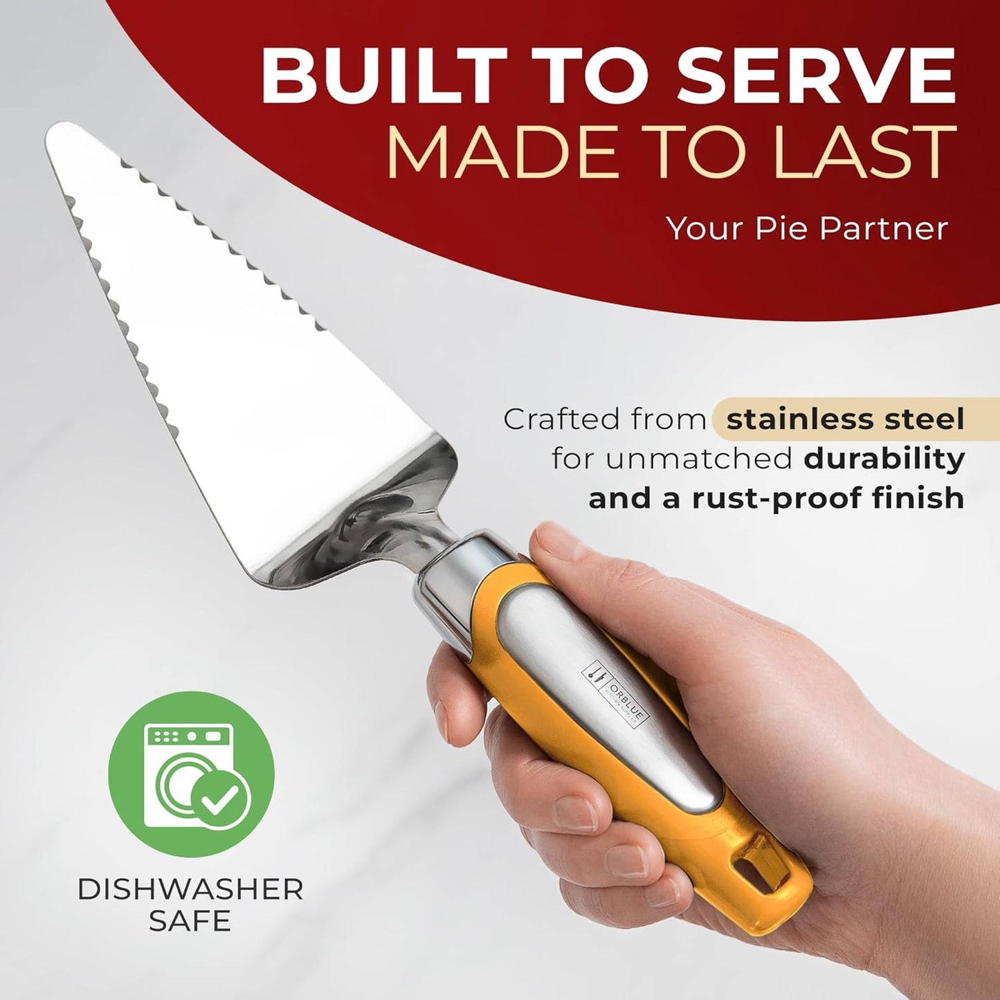 Orblue Pie Server, Essential Kitchen Tool, Serrated on Both Sides, Great for Right or Left Handed Chef, Stainless Steel Flatware , Cake Cutter,White