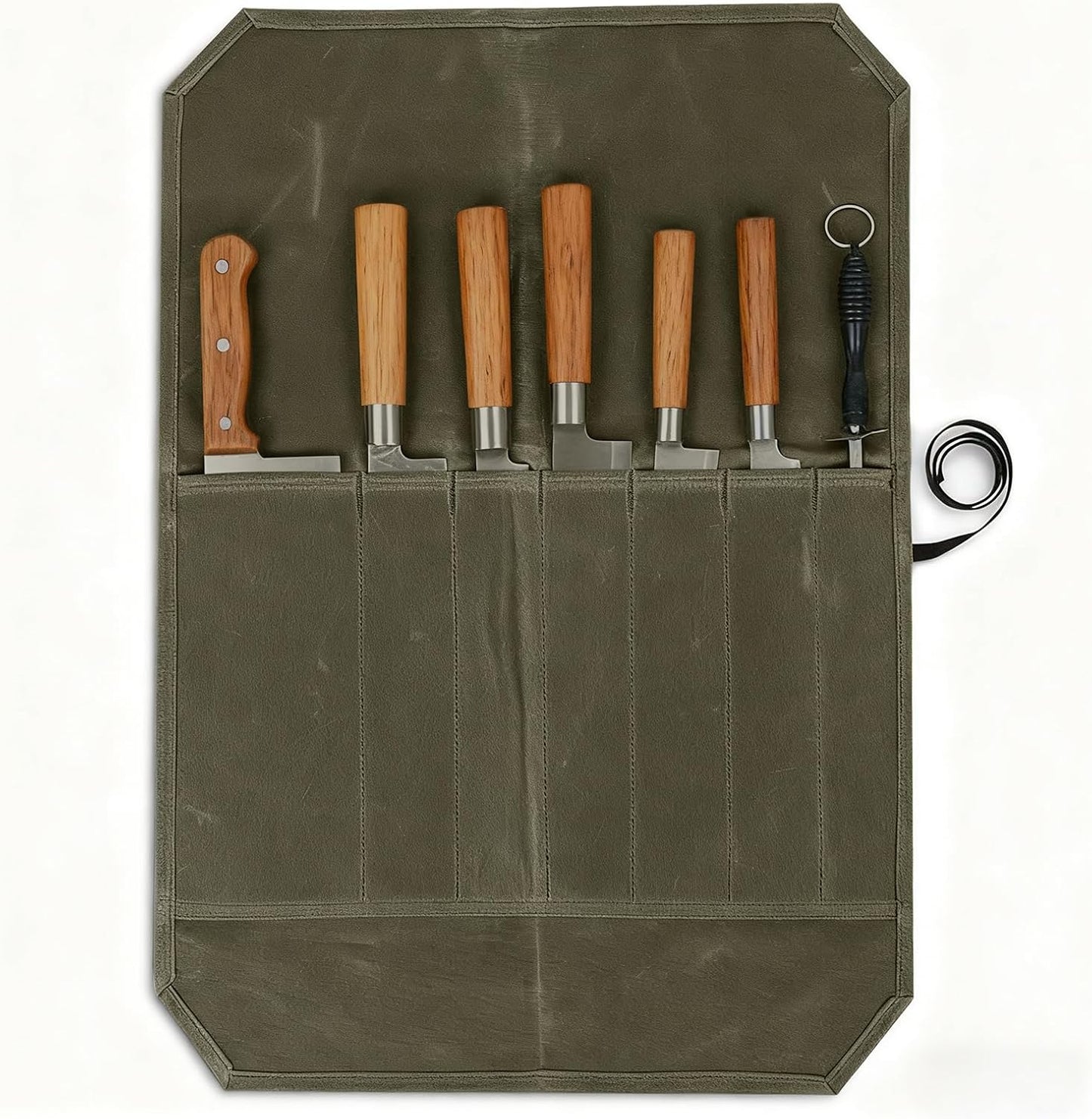 Chef's Knife Roll Case, Canvas Knife Bag, 22 x 17.7 in / 56 x 45 cm Travel Tool Roll Pouch Kitchen Utensils Wrap Bag, 7 Pockets Portable Storage for Knives, Army Green