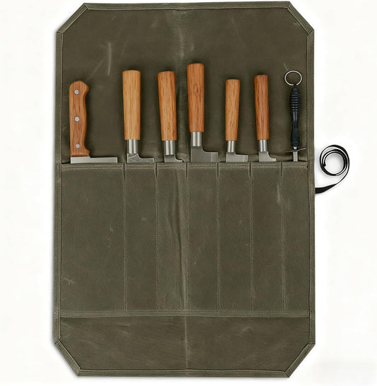 Chef's Knife Roll Case, Canvas Knife Bag, 22 x 17.7 in / 56 x 45 cm Travel Tool Roll Pouch Kitchen Utensils Wrap Bag, 7 Pockets Portable Storage for Knives, Army Green
