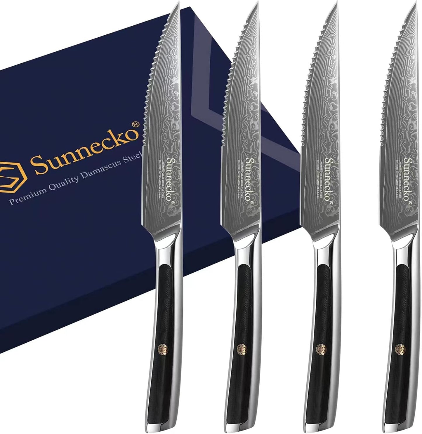 Sunnecko Damascus Steak Knife Set Non Serrated, Japanese VG10 Stainless Steel Steak Knife Set of 2, 5 Inch Steak Knives G10 Handle with Gift Box