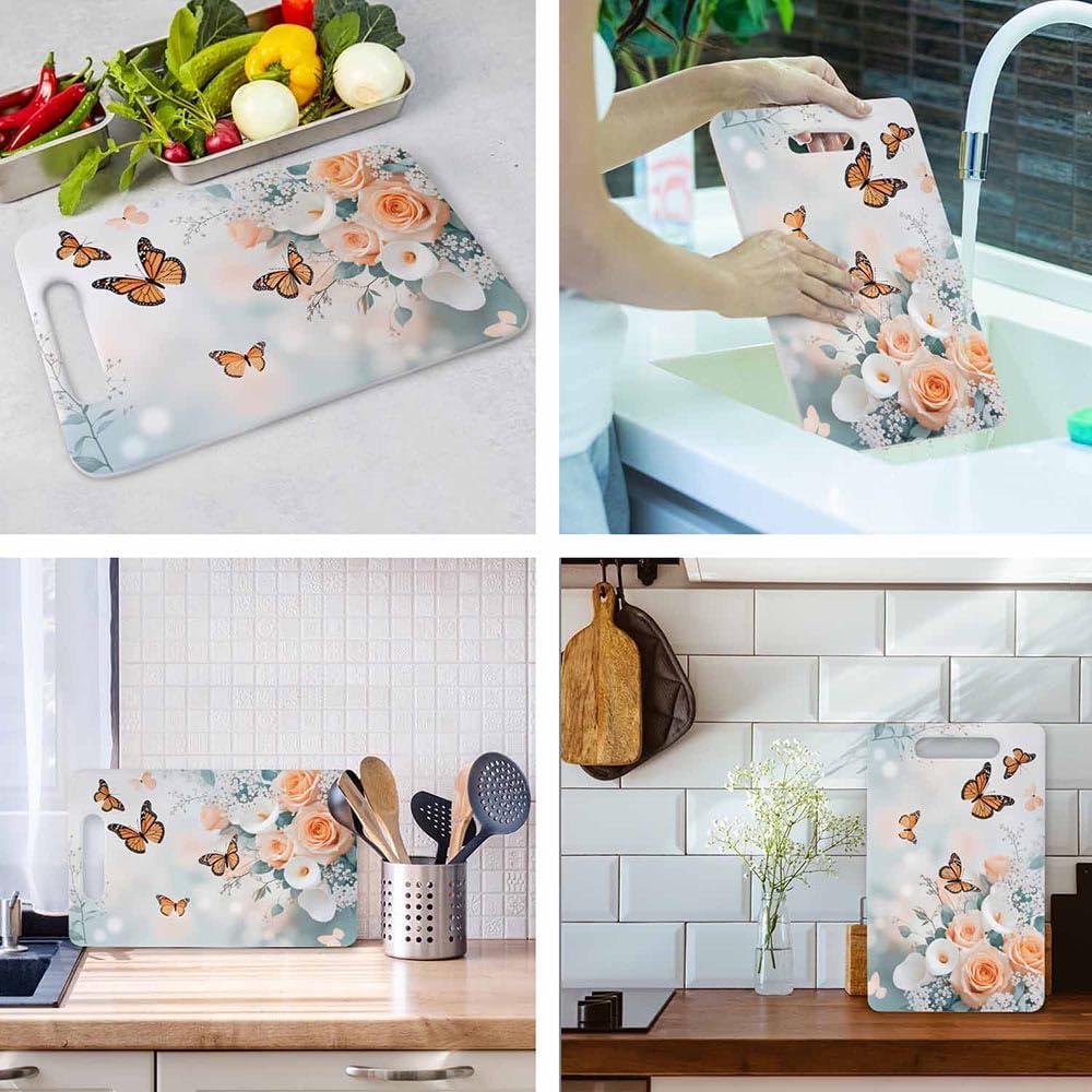 Coffee Set Cutting Board with Handles Coffee Maker Muffin Cup Flower Hot Drink Love Cutting Boards Plastic Safe Chopping Board for Kitchen 16" x 10" x 0.24"