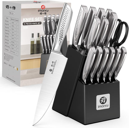 imarku Kitchen Knife Set with Block and Built-in Sharpener, Japanese Stainless Steel 14-Piece Knife Set with Utility Knife, Dishwasher Safe, Non-Slip Ergonomic Handles, Essential Gift for Home Cooks